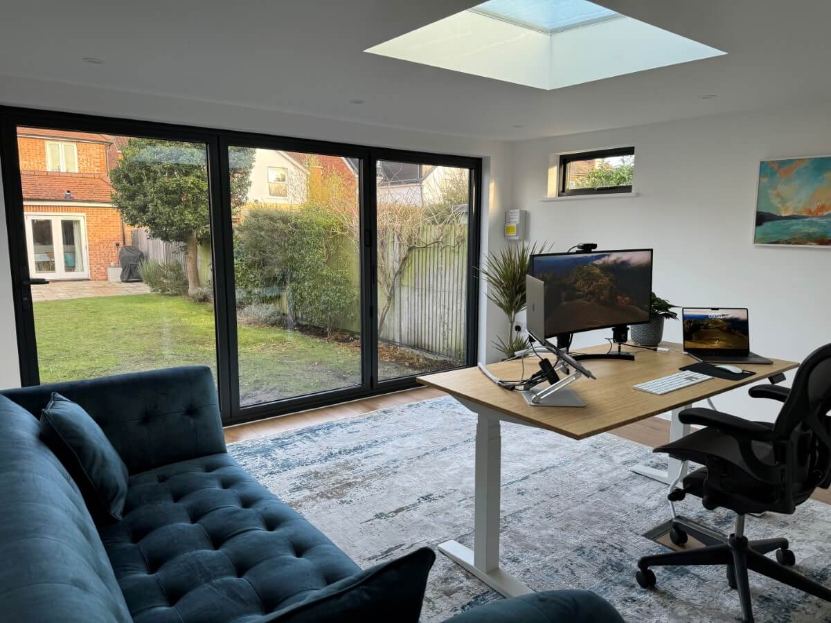 Interior of bespoke spacious garden office with attached garden storage in Woking Surrey - Design and built by Garden Rooms by Drumbeat